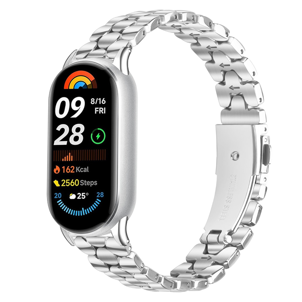 Silberne Smartwatch mit Metallband zeigt 09:28, 162 kcal, 2560 Schritte.
