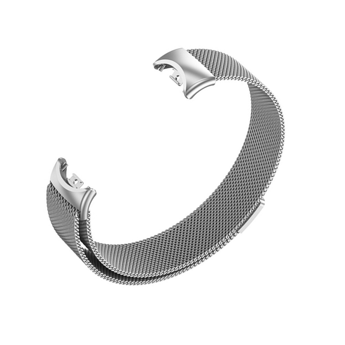 Una pulsera de malla plateada y flexible con cierre magnético, sobre fondo blanco.