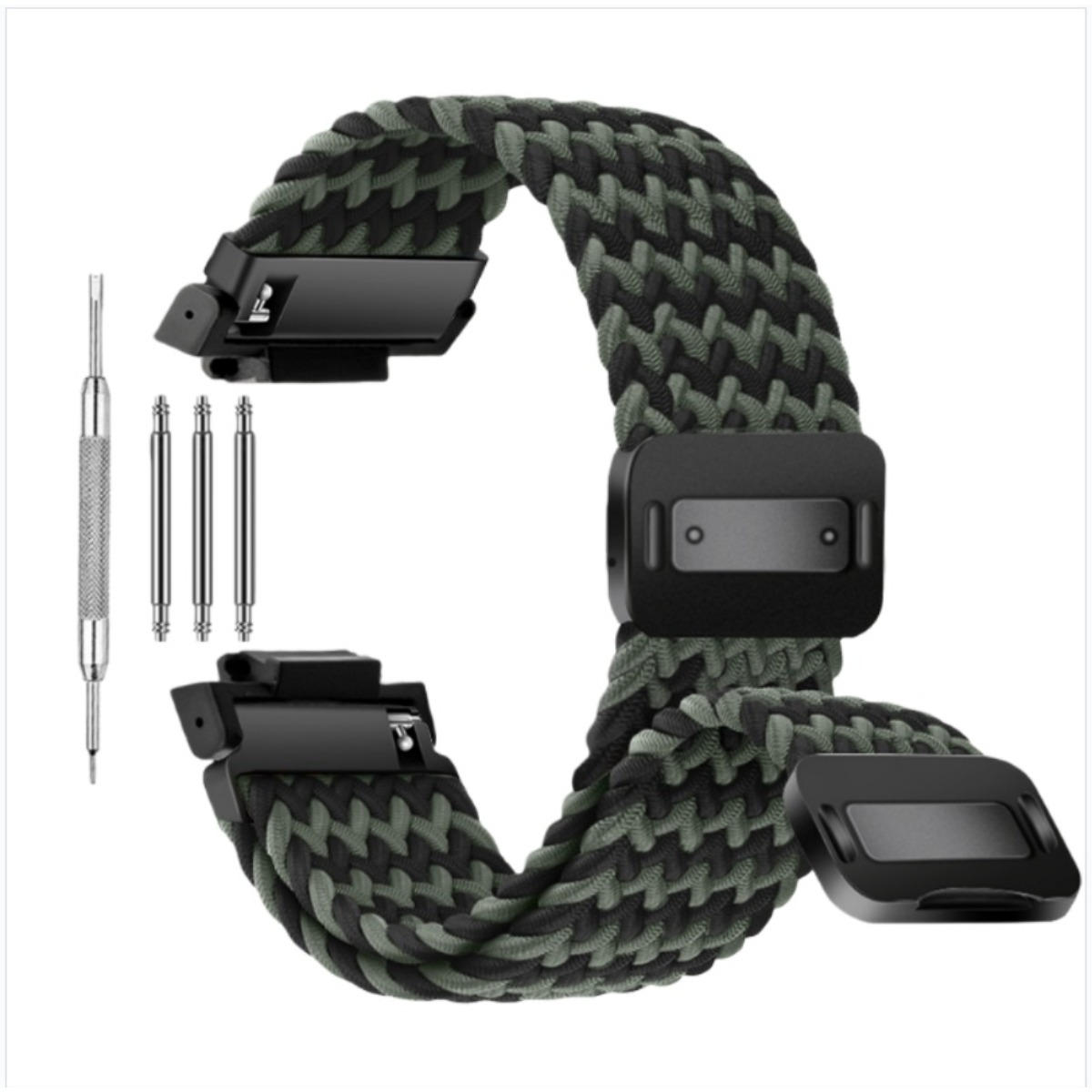 Cinturino per orologio in paracord verde e nero con attrezzo e perni.