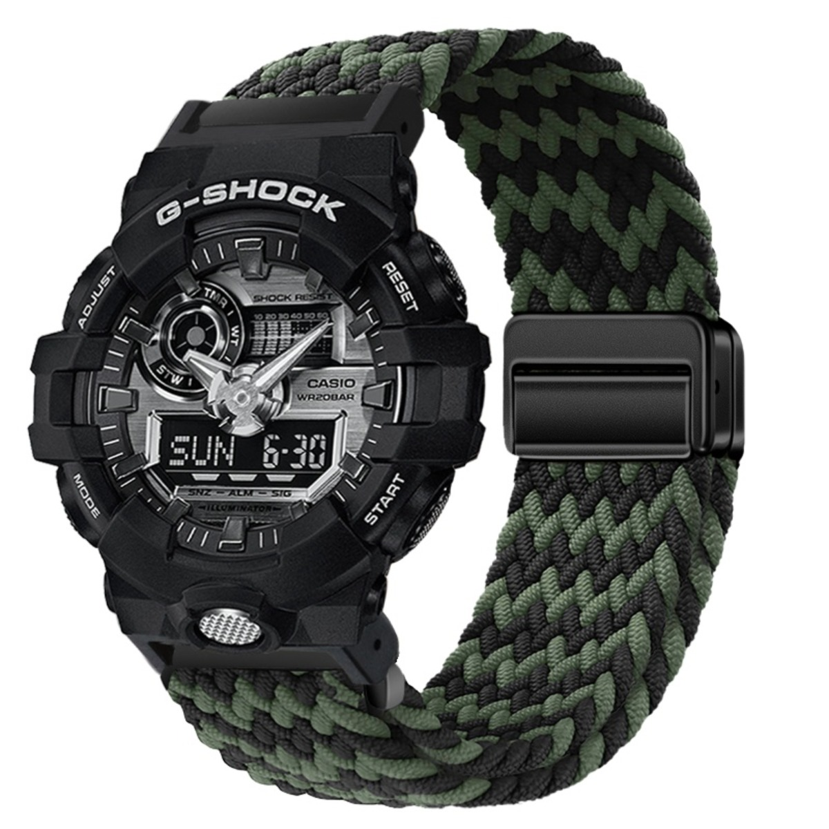 Orologio G-Shock nero con cinturino intrecciato verde e nero e display digitale.