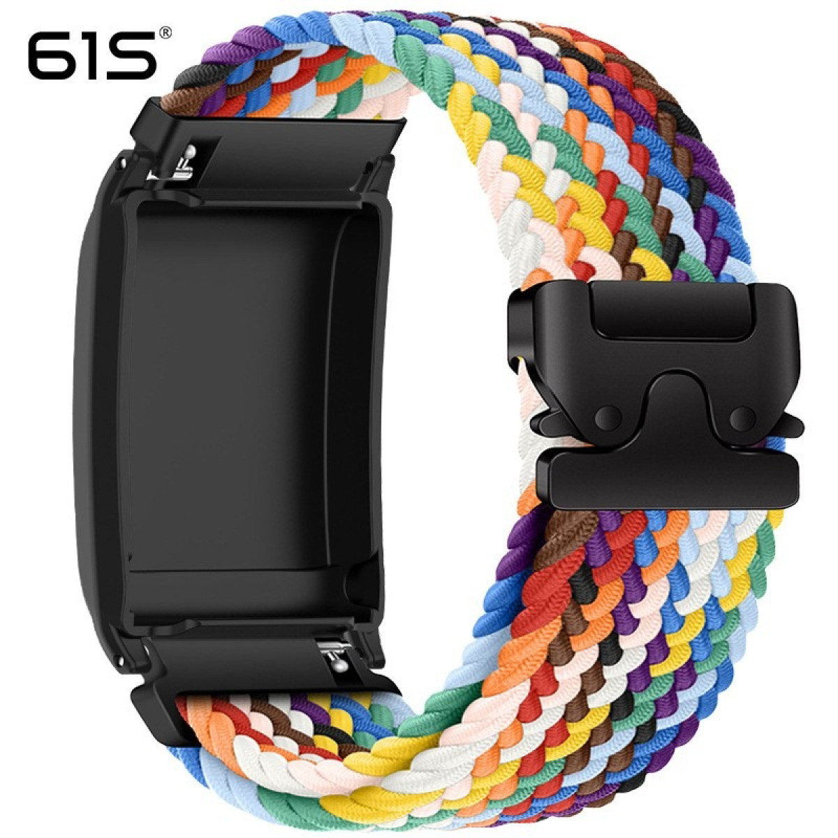 Ein geflochtenes Armband in vielen Farben mit schwarzem Verschluss und schwarzem Gerät.
