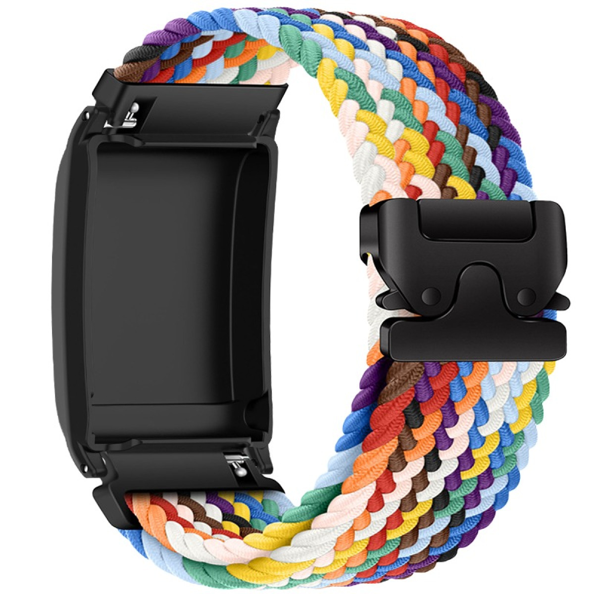 Ein geflochtenes Armband in vielen Farben mit schwarzer Schließe und schwarzer Uhrenhalterung.