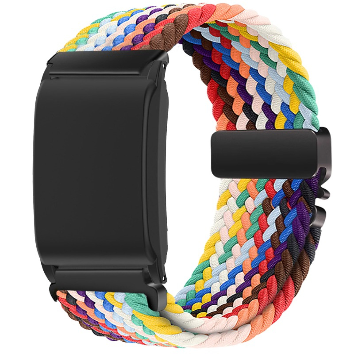 Schwarzes Smartwatch-Gehäuse mit einem bunten, geflochtenen Armband.