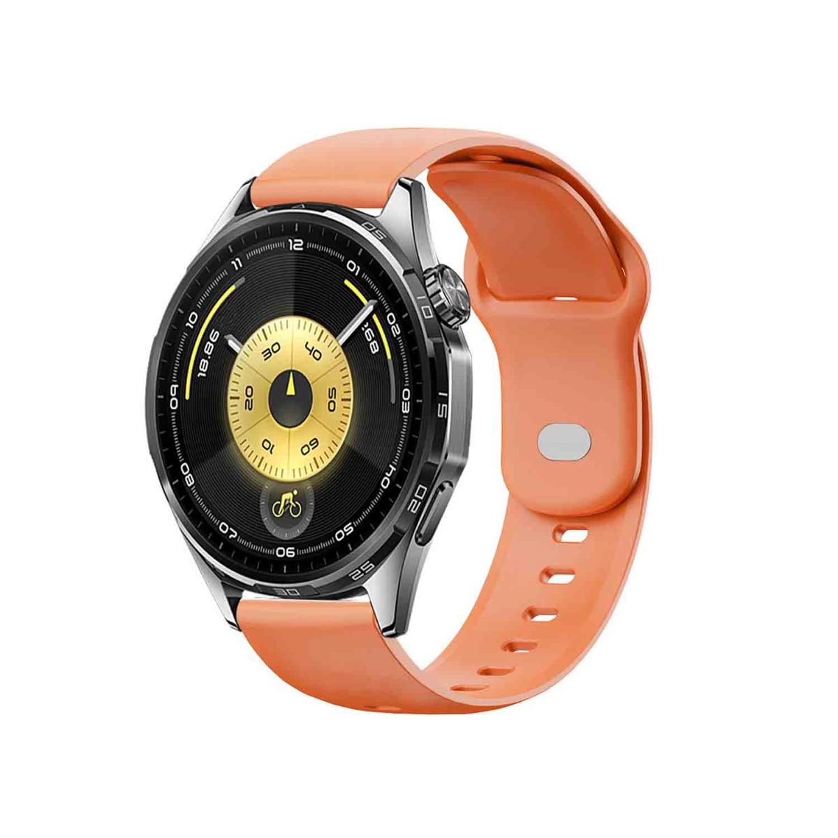 Uno smartwatch arancione con quadrante nero e accenti argentati.