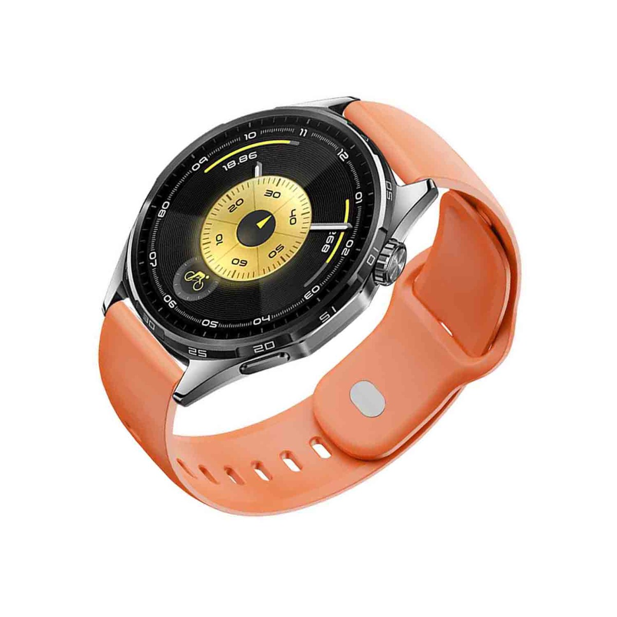 Uno smartwatch arancione con quadrante nero e centro dorato.