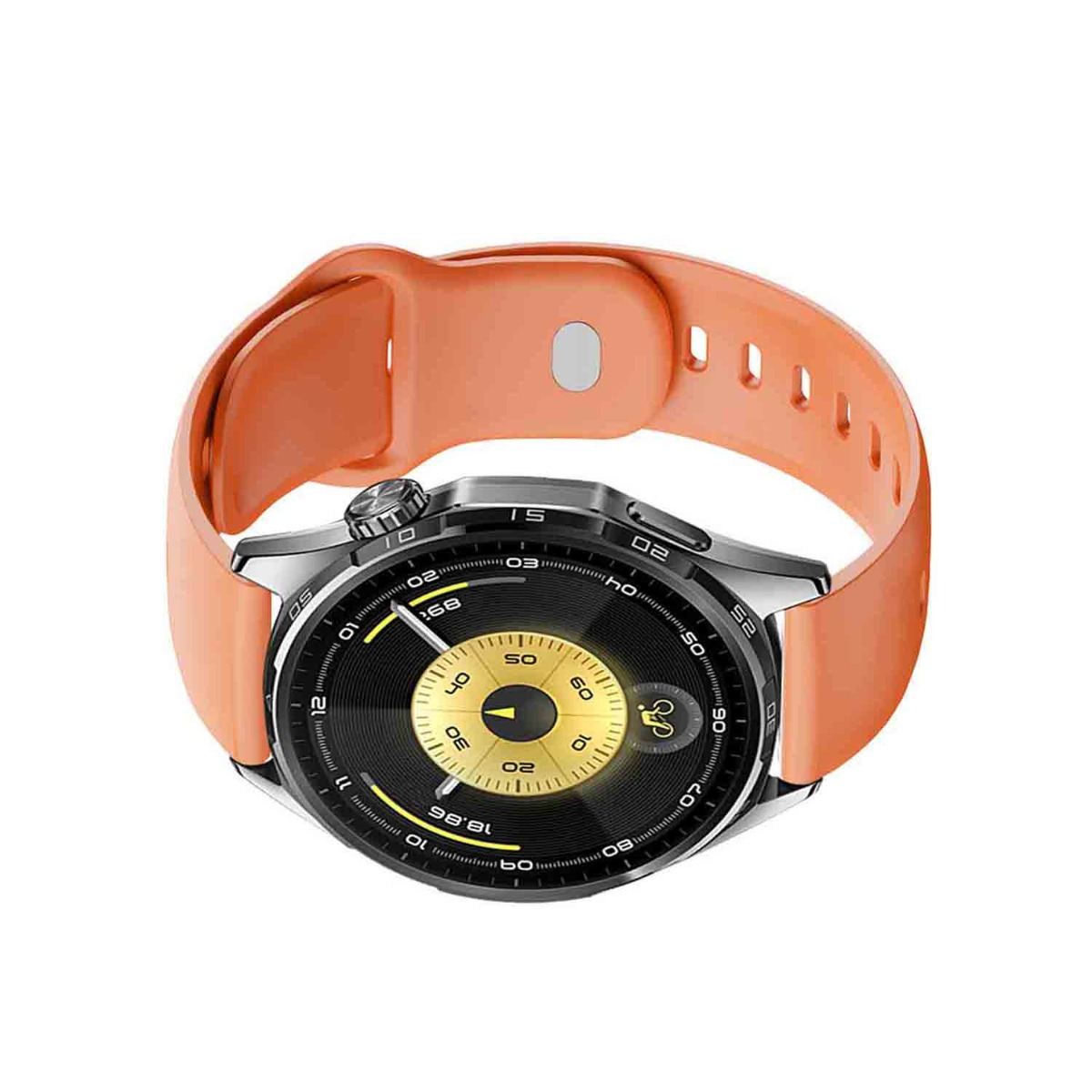 Uno smartwatch arancione con cassa argentata su sfondo bianco.