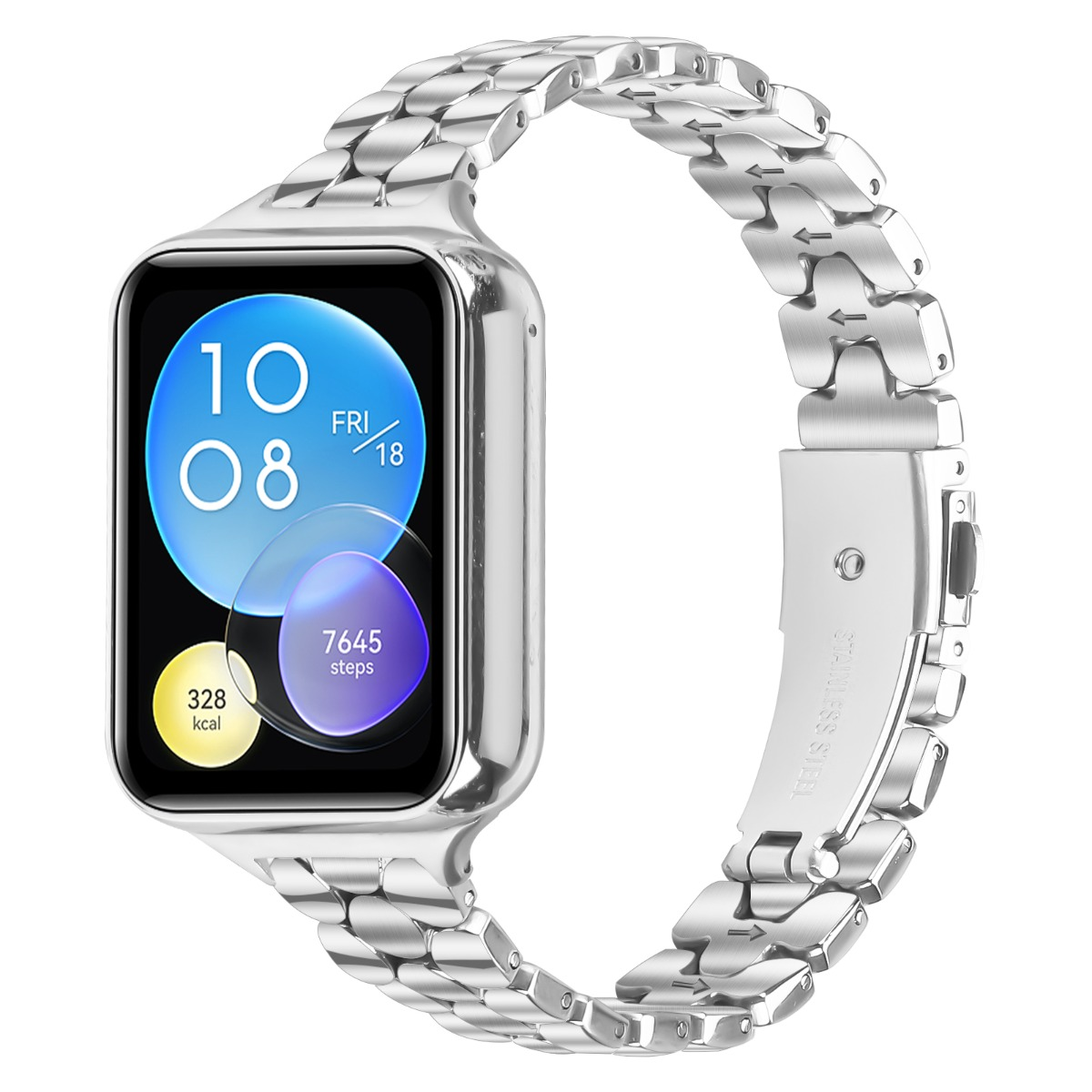 Smartwatch argento con cinturino in metallo, mostra ora, data, passi e calorie.