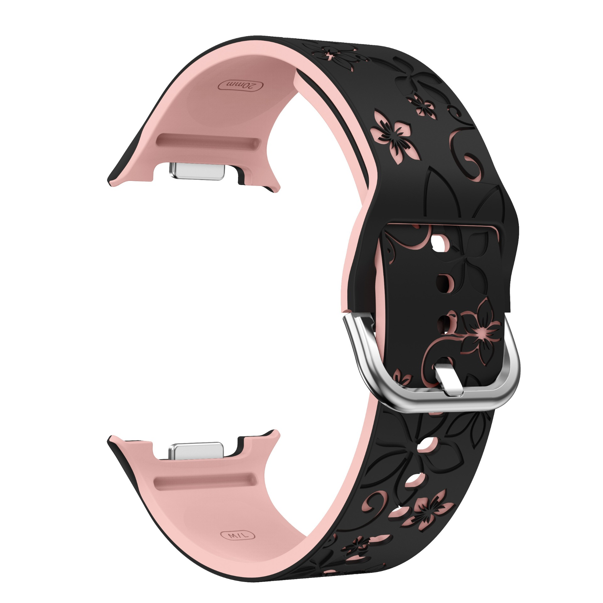 Schwarzes Armband mit Blumenmuster und rosafarbenem Futter, Metallschnalle.