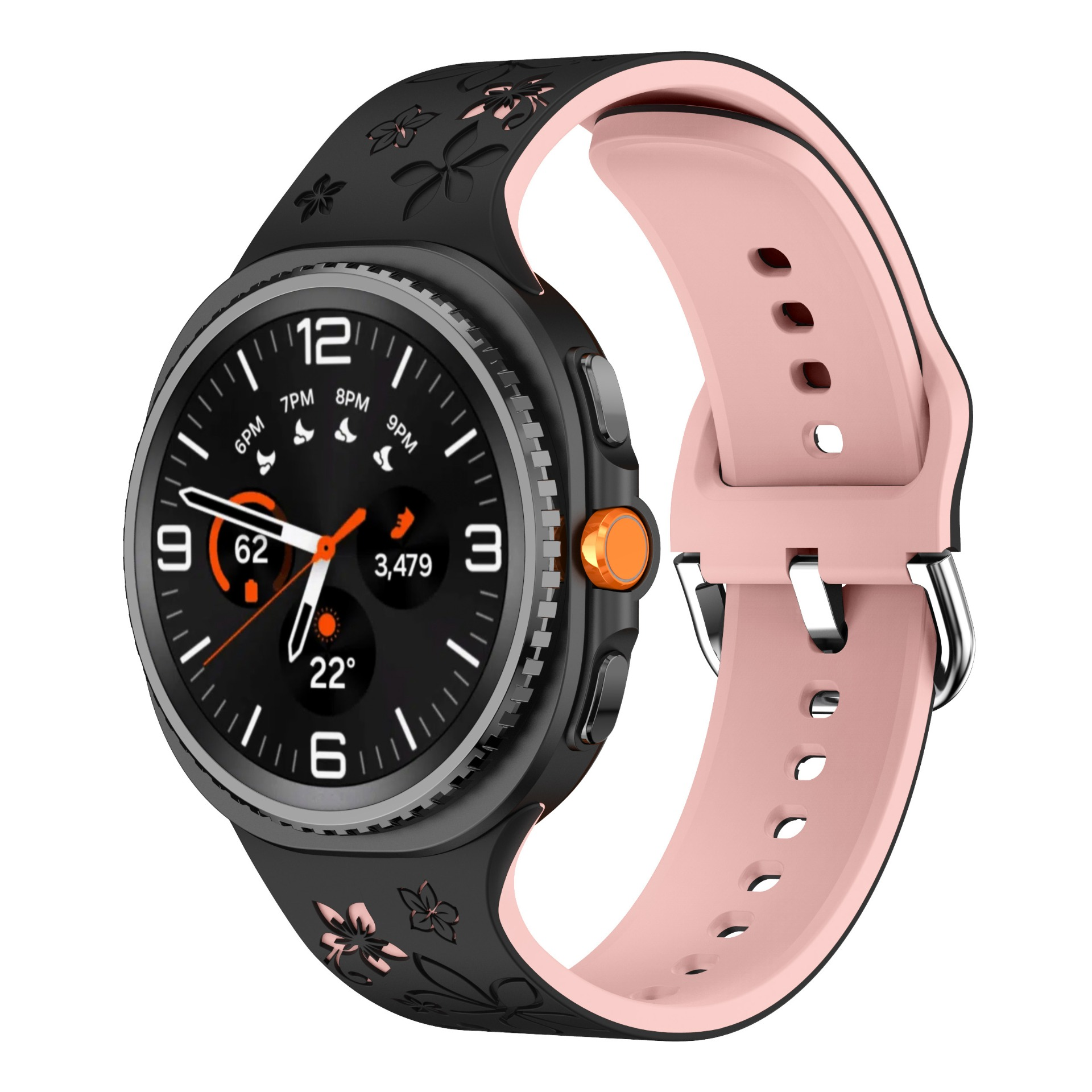 Schwarze Smartwatch mit blassrosa Armband und Blumenmuster. Zeigt 22 Grad und 3.479 Schritte an.