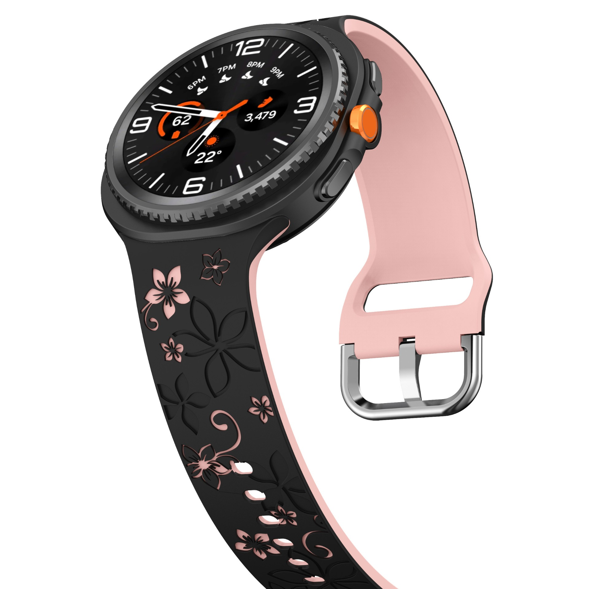 Eine schwarze Smartwatch mit einem rosa Armband mit Blumenmuster und einem orangefarbenen Knopf.