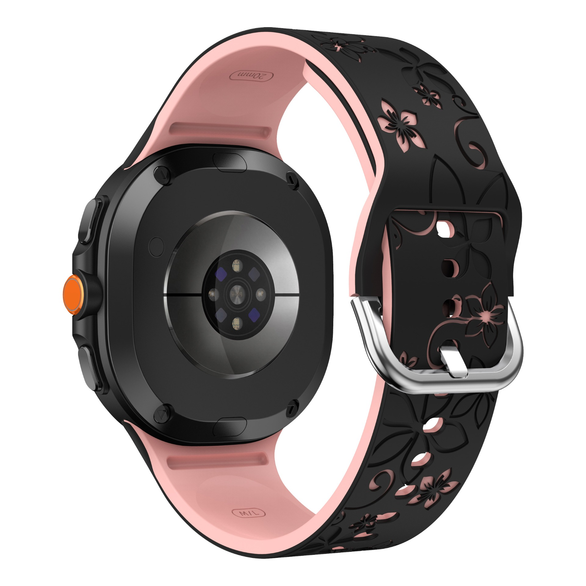 Schwarzes Armband mit Blumendesign und rosafarbenem Futter, zeigt Herzfrequenzsensor.