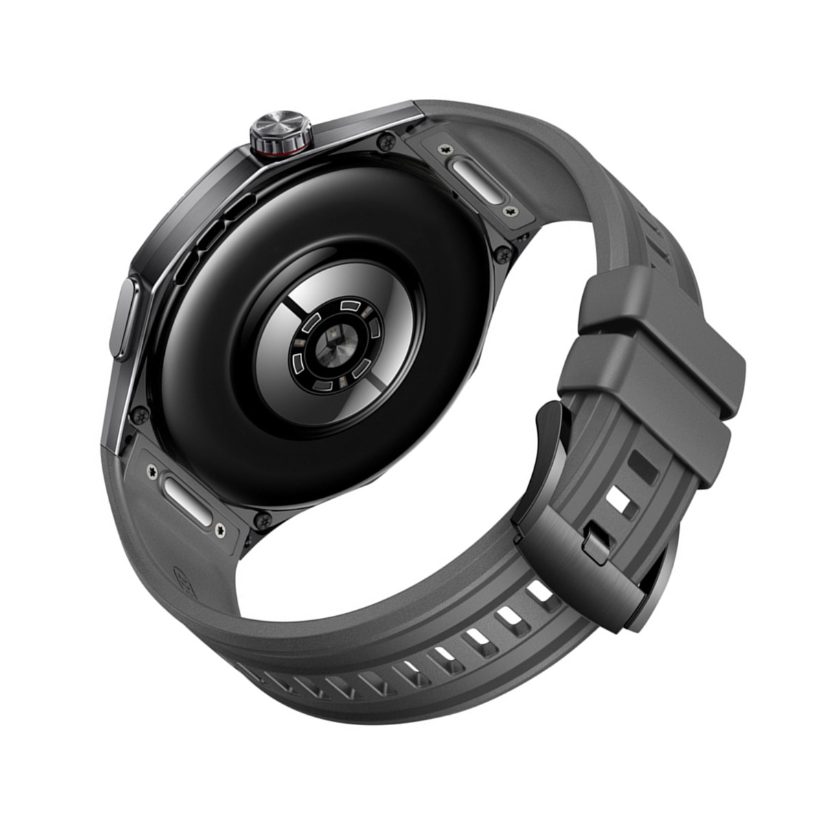 Rückseite einer grauen Smartwatch mit schwarzem Armband und Ladekontakten.