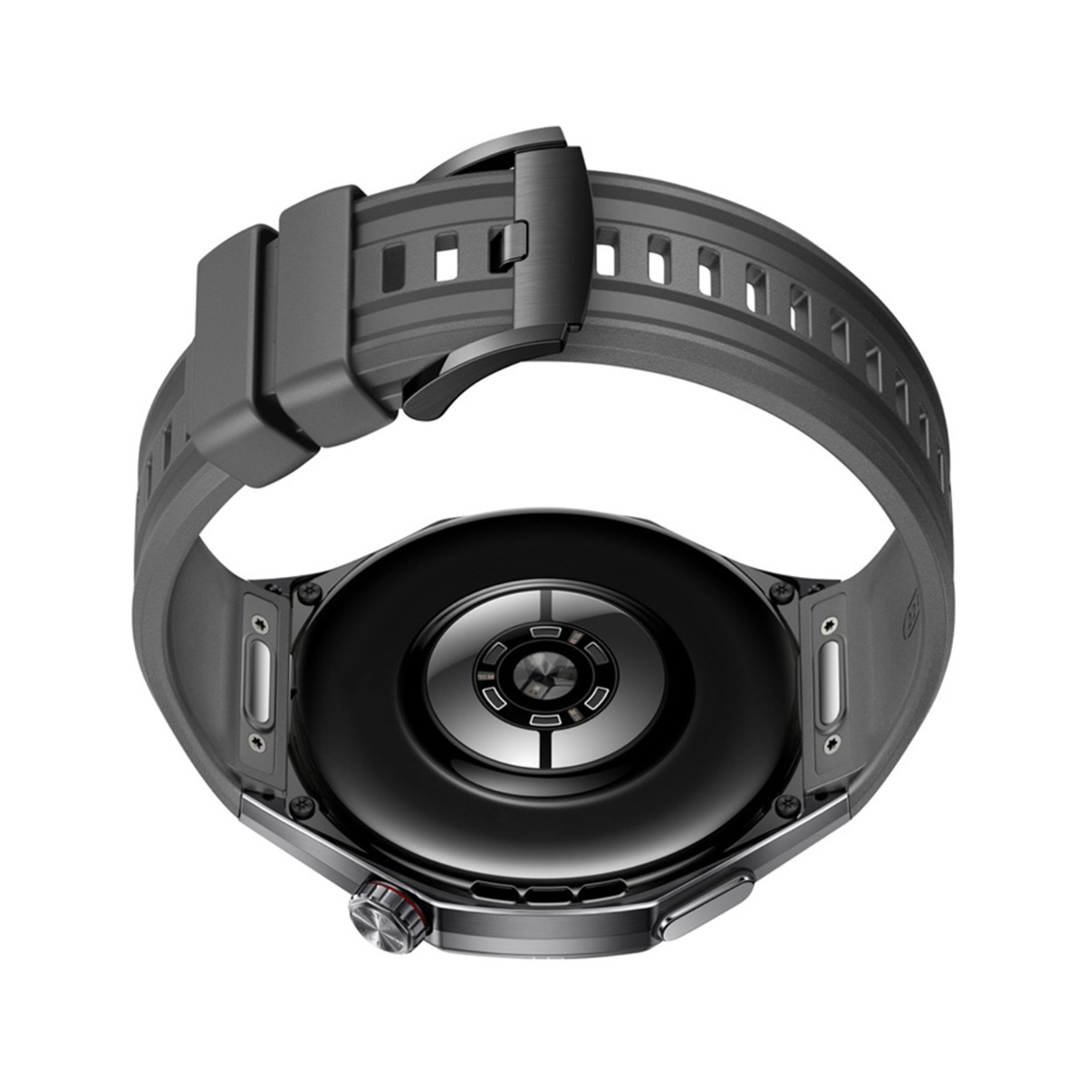 Rückseite einer dunklen Smartwatch mit schwarzem Armband und Schnalle.