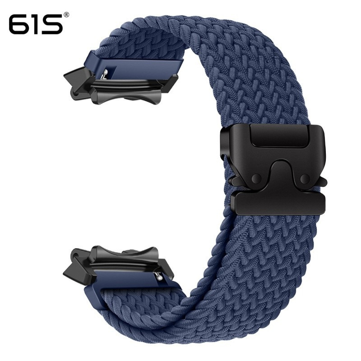 Cinturino per orologio blu scuro intrecciato con fibbia nera a sgancio rapido.