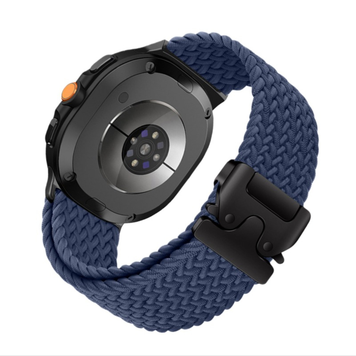 Retro di uno smartwatch con cinturino in tessuto blu e chiusura nera.