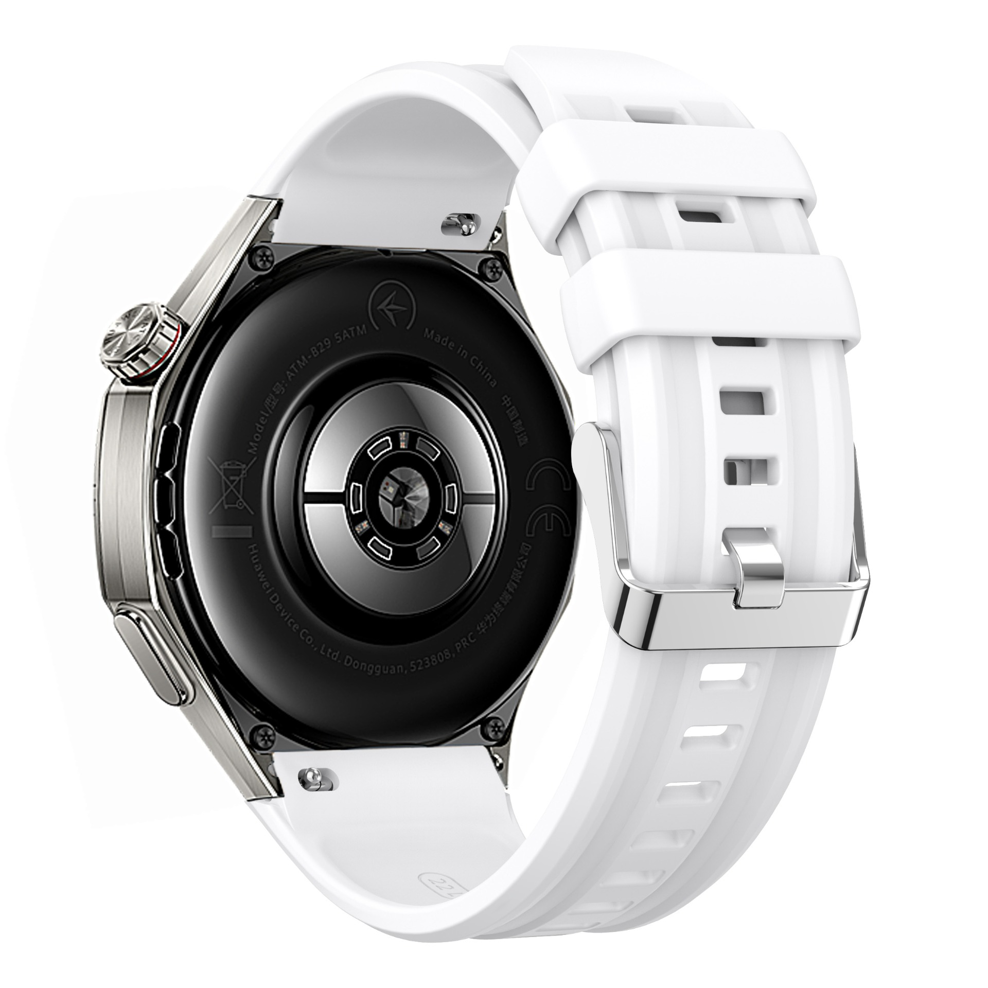 Rückseite einer weißen Smartwatch mit silbernem Zifferblatt und Krone.