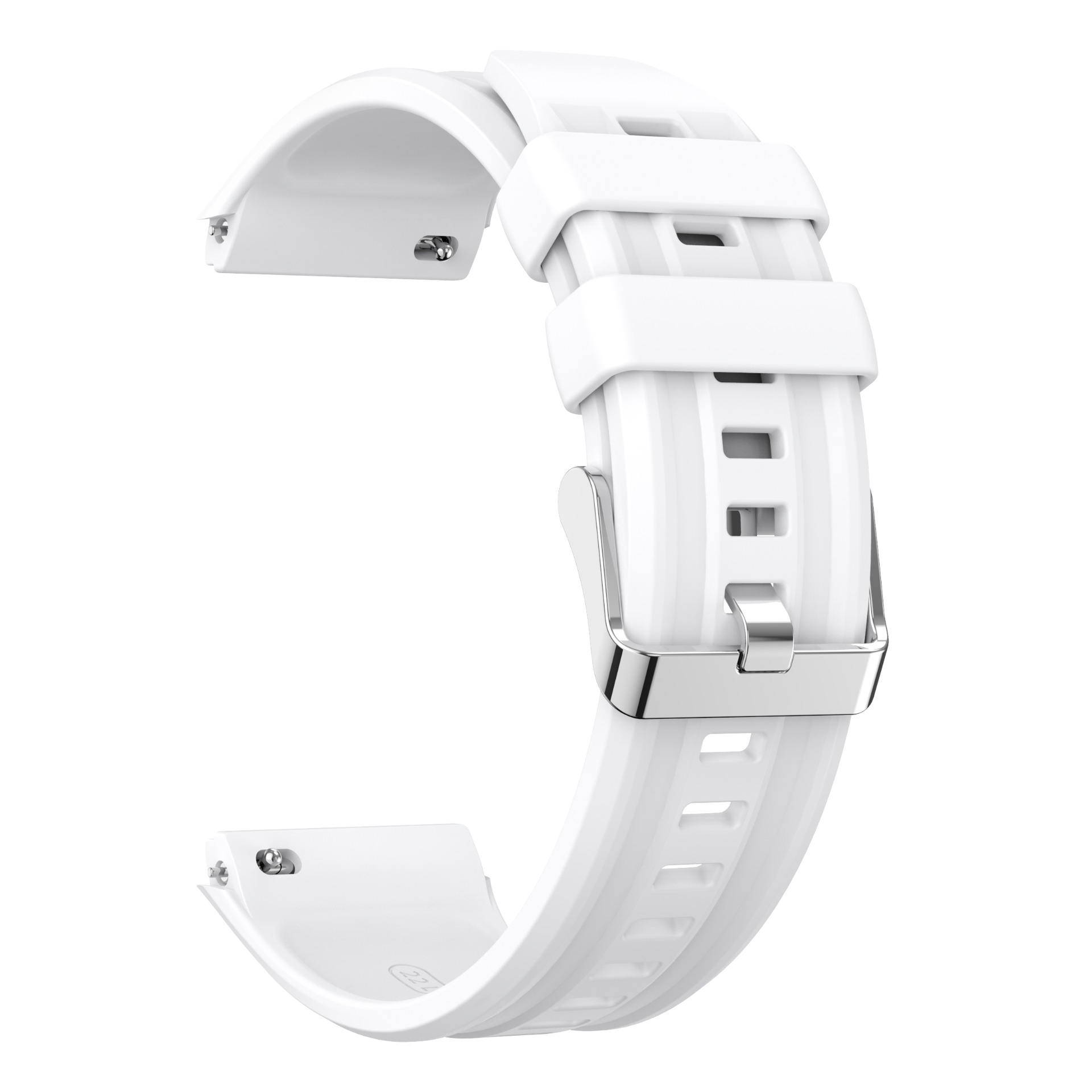 Ein weißes Silikonuhrenarmband mit silberner Schnalle und Stiften.