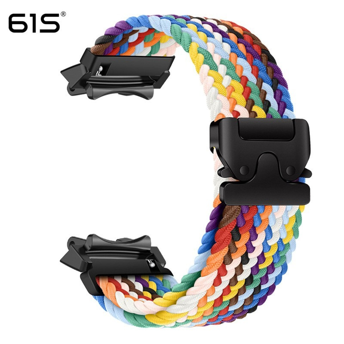 Cinturino per orologio intrecciato colorato con fibbia nera.
