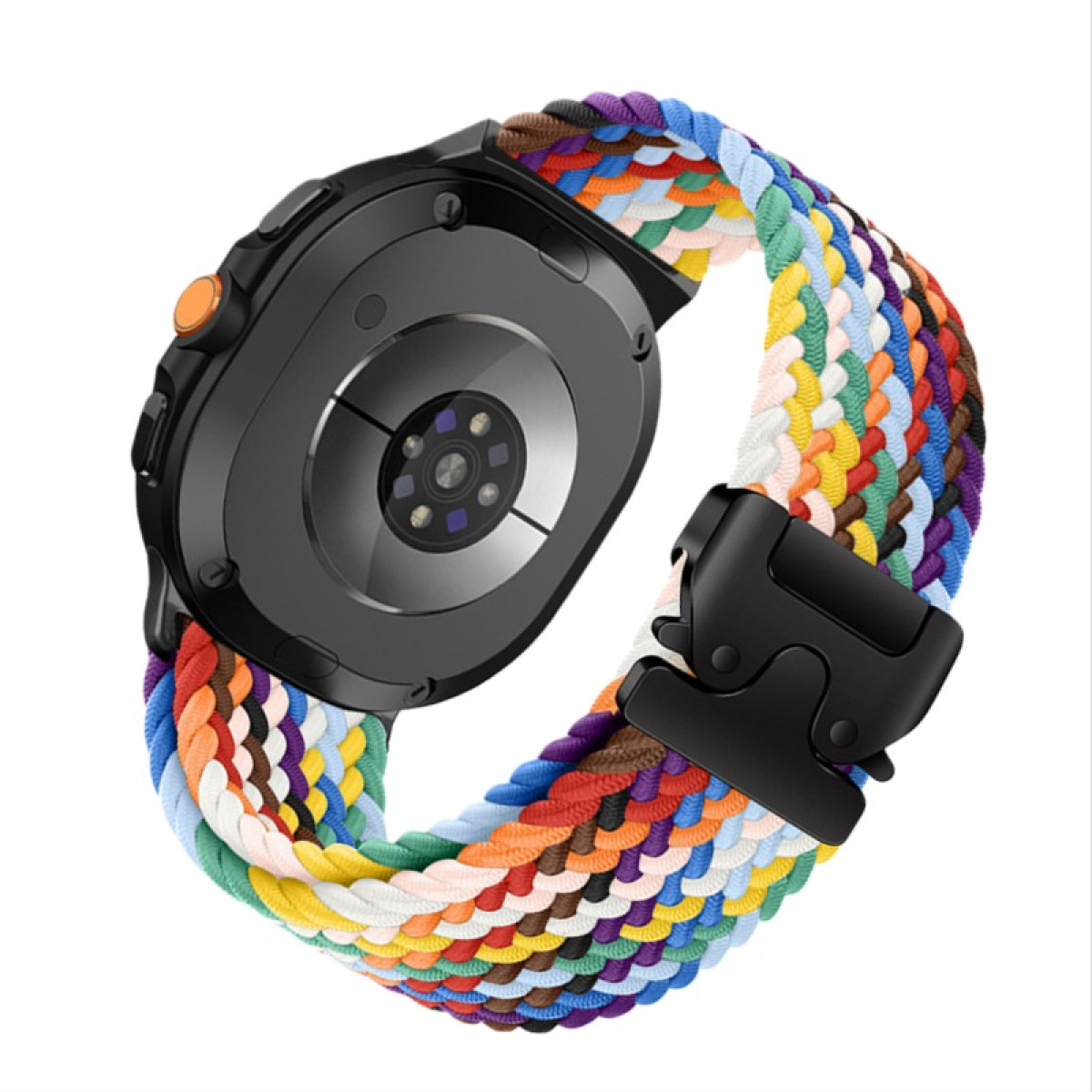 Retro di uno smartwatch con cinturino intrecciato colorato e chiusura nera.