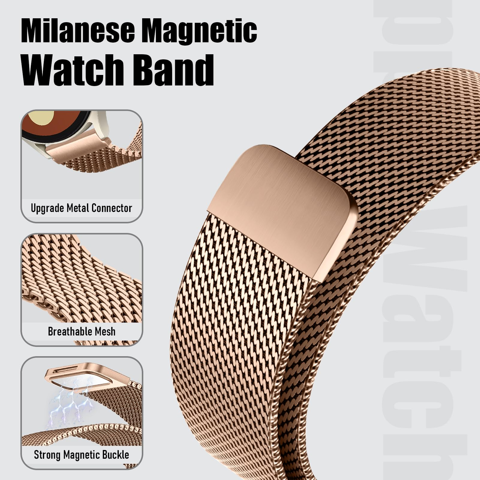 Roségoldenes Milanaise-Armband mit magnetischem Verschluss und verbesserter Metallkupplung.