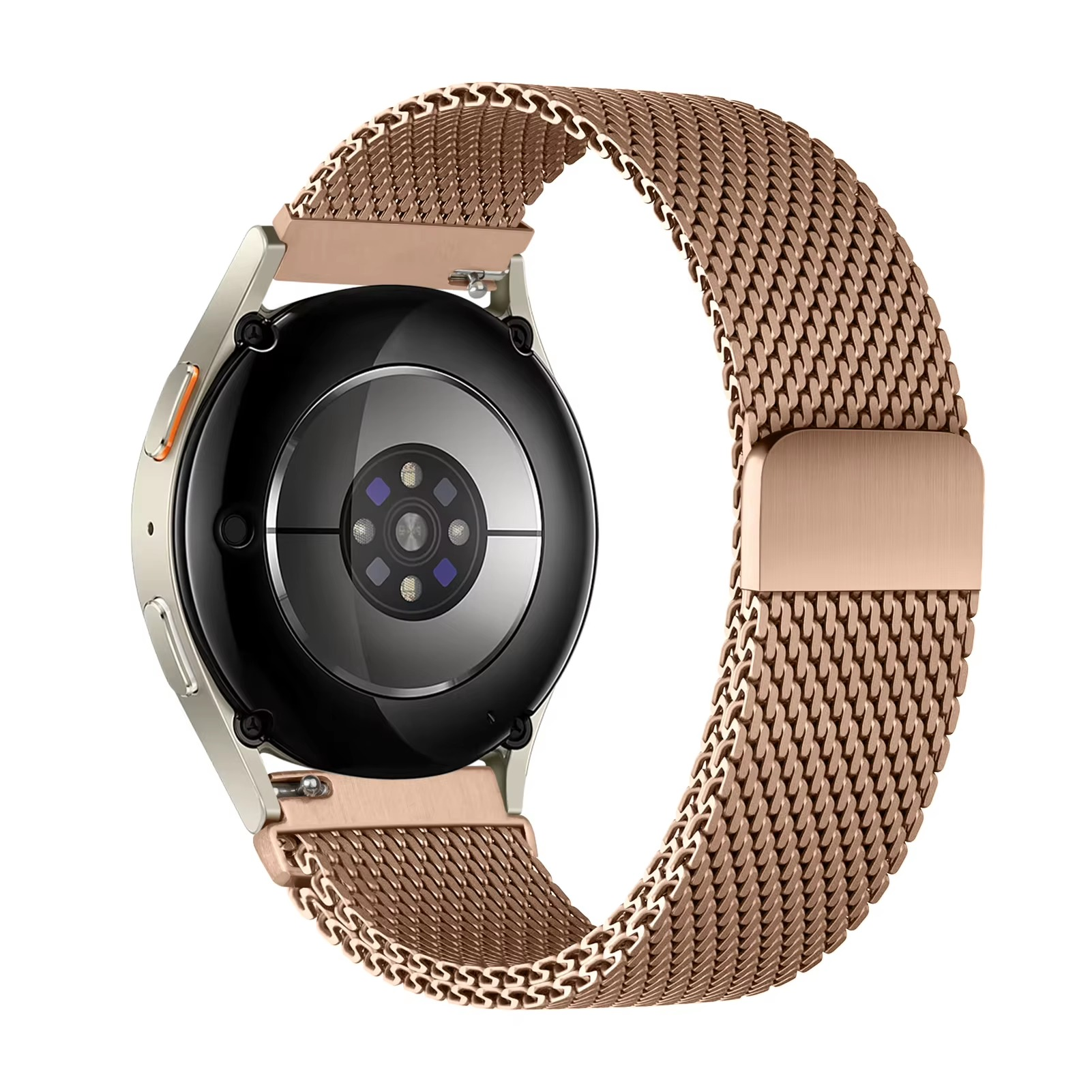 Rückseite einer Smartwatch mit rosegoldfarbenem Mesh-Armband auf weißem Hintergrund.