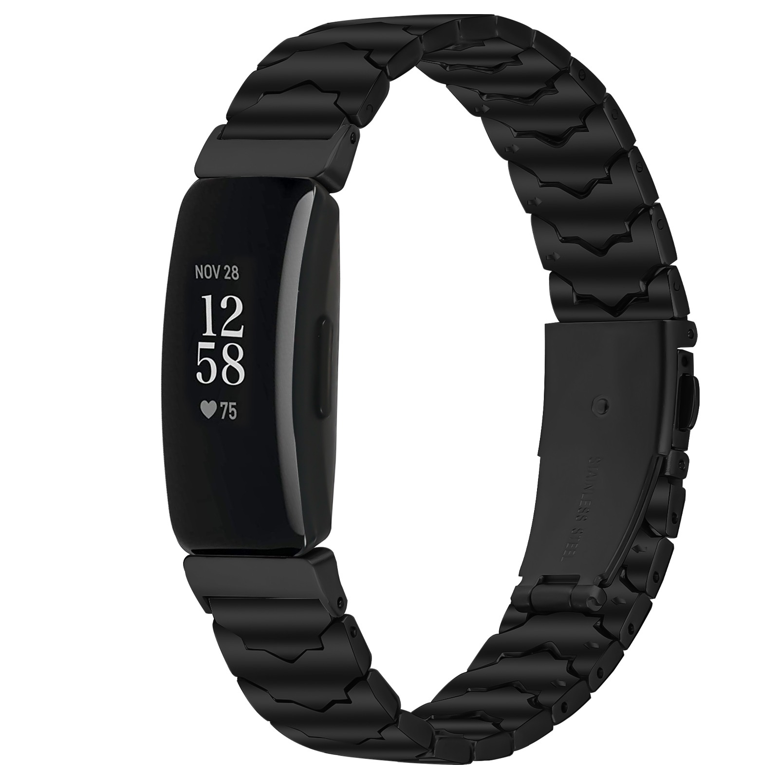 Schwarzes Fitnessarmband mit digitaler Anzeige: 12:58 Uhr, 75 Herzschläge.