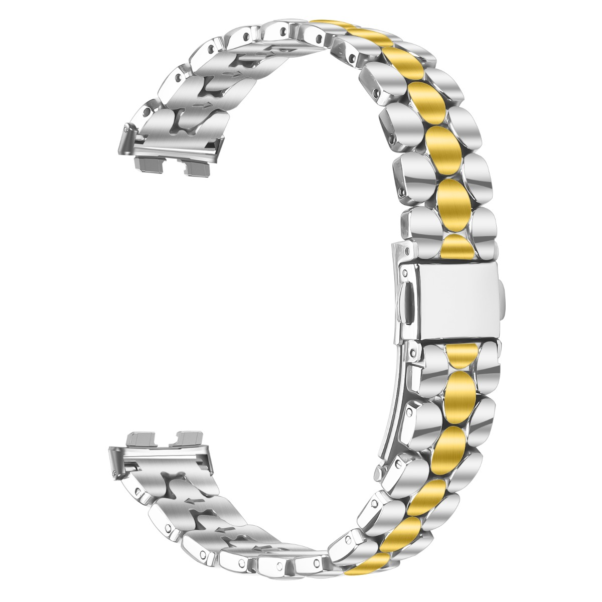 Ein silbernes und goldenes Gliederarmband für eine Uhr mit Schnallenverschluss.