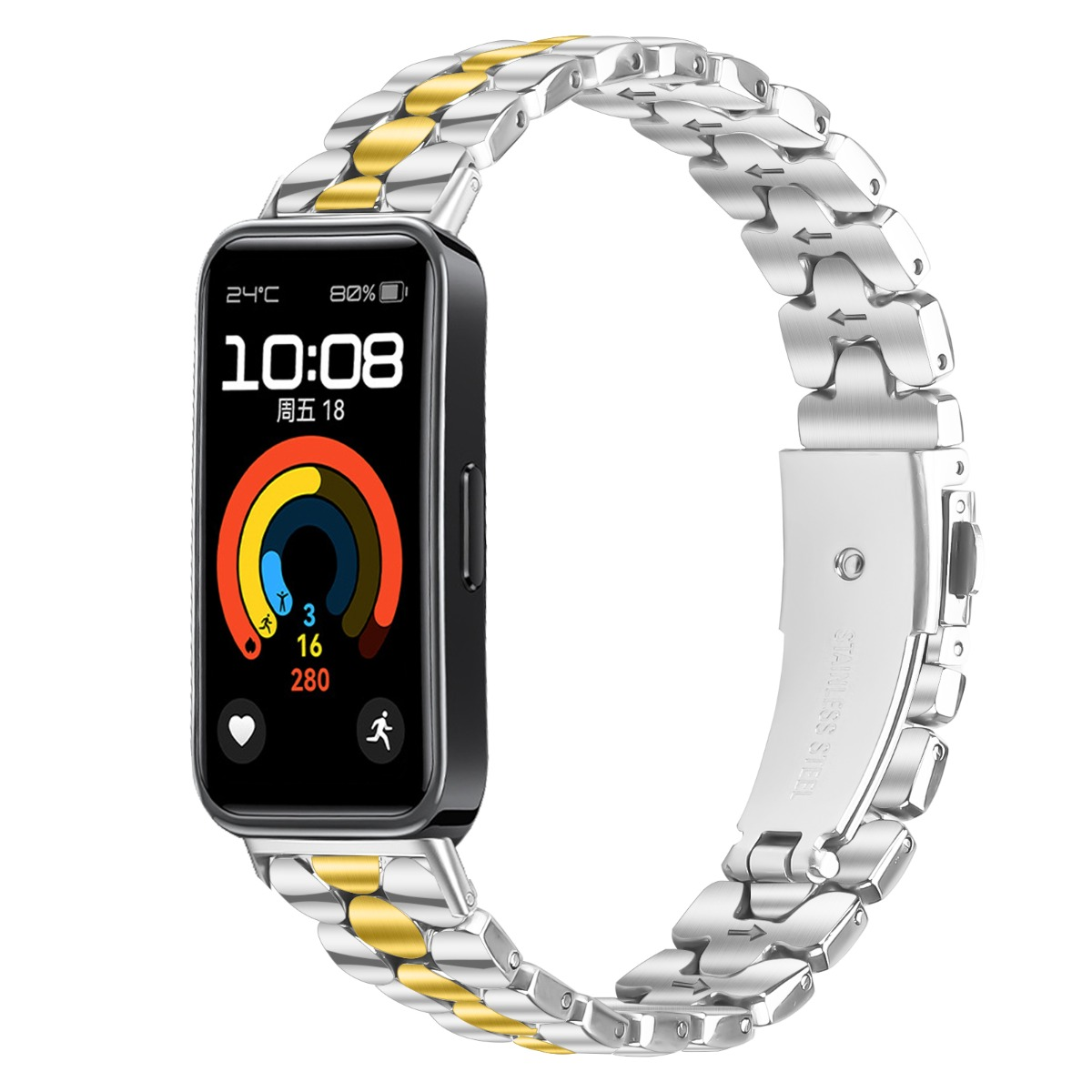 Eine Smartwatch mit silbernem und goldenem Armband zeigt 10:08 Uhr, Wetter und Fitnessdaten.