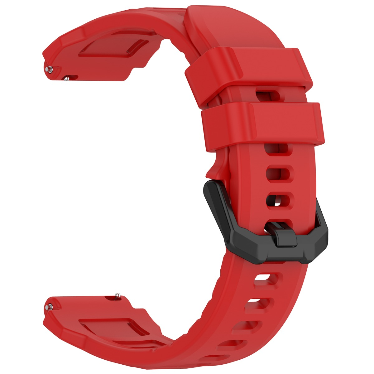 Ein rotes Uhrenarmband mit schwarzer Schnalle, auf weißem Hintergrund.