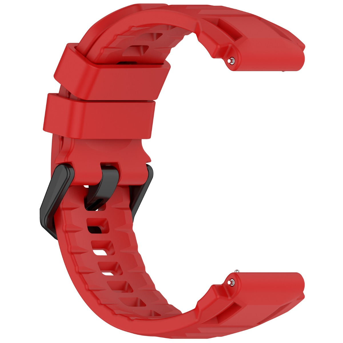Ein rotes Uhrenarmband aus Gummi mit schwarzer Schnalle.
