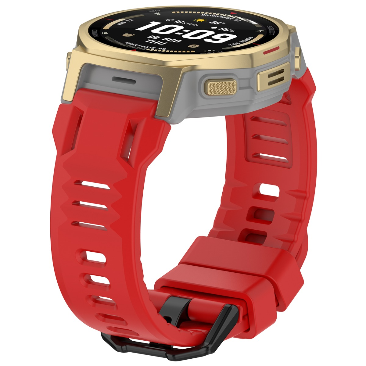 Eine rote Smartwatch mit goldenem Rahmen und digitalem Display.