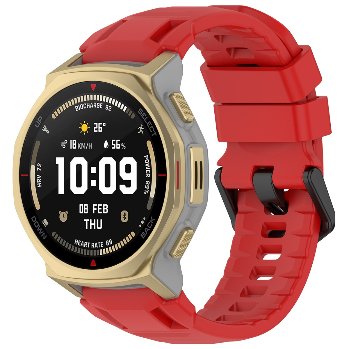 Eine rote Smartwatch mit goldfarbenem Lünette zeigt 10:09 Uhr und Fitnessdaten an.