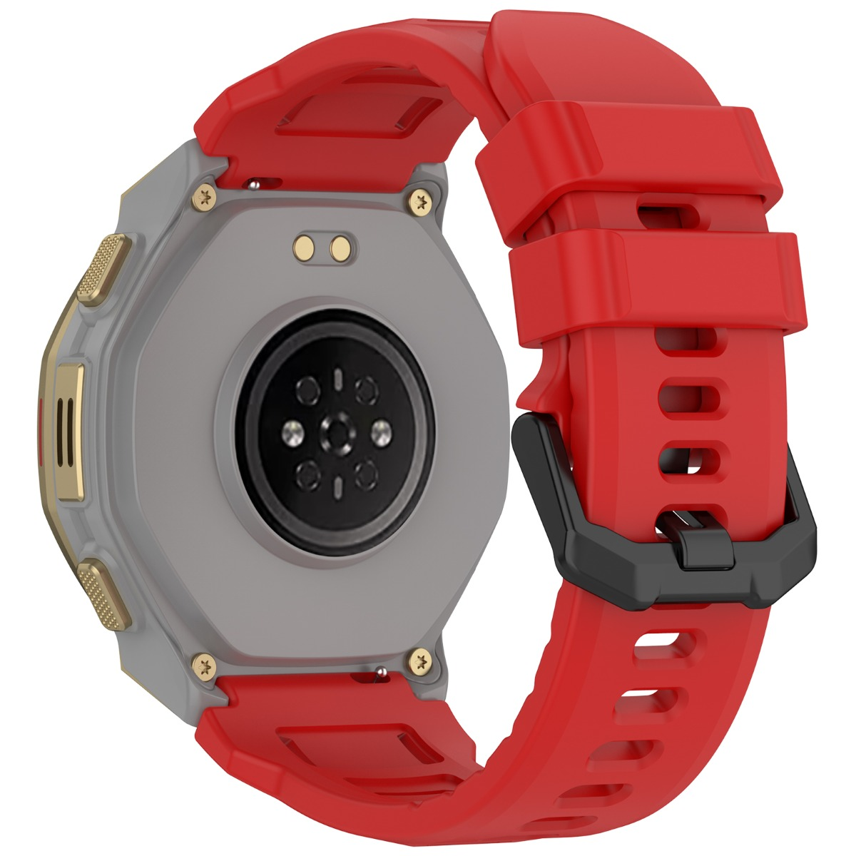 Rückansicht einer Smartwatch mit grauem Gehäuse, goldenen Akzenten und rotem Silikonarmband mit schwarzer Schnalle.