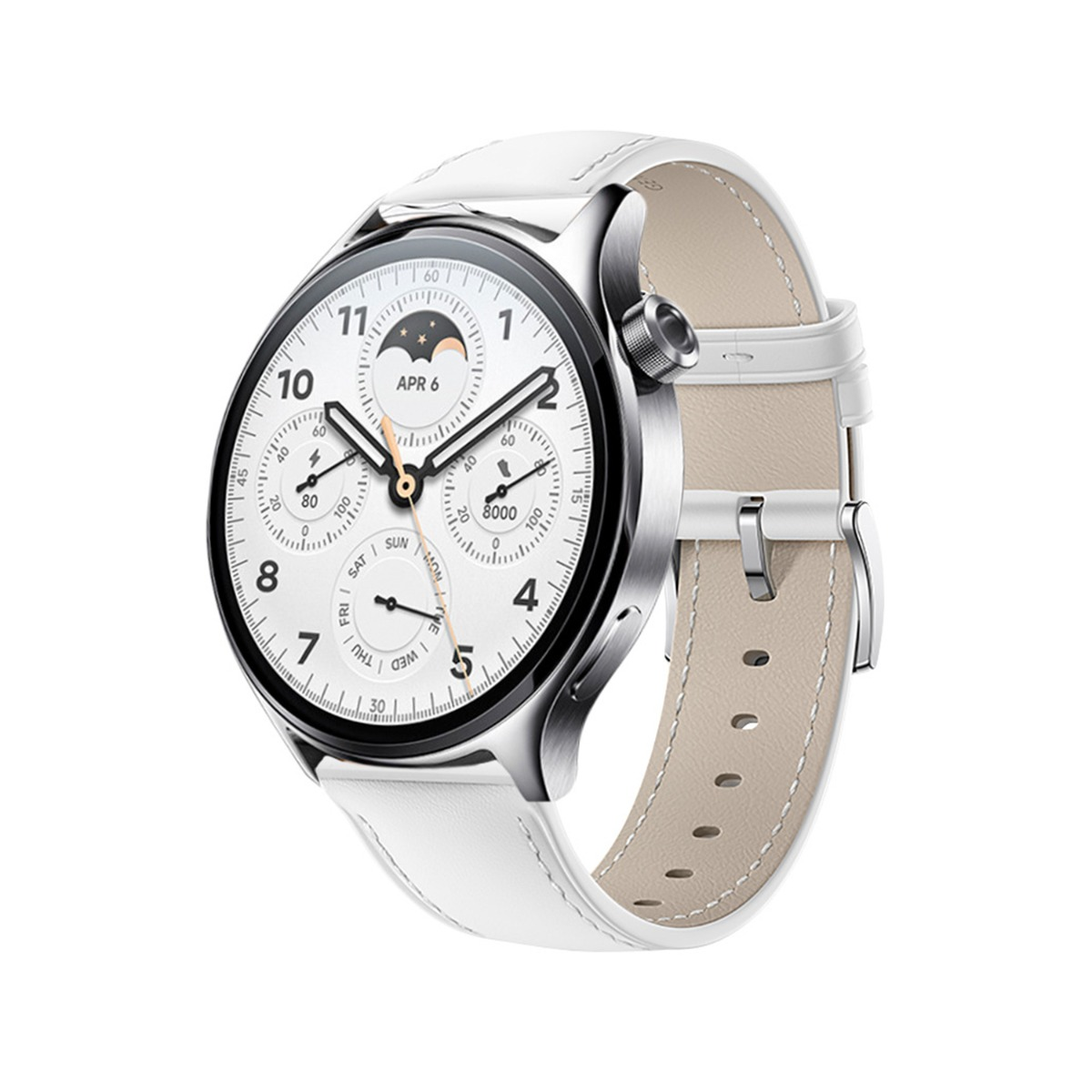 Uno smartwatch bianco con cassa e cinturino argentati, che mostra il 6 aprile.