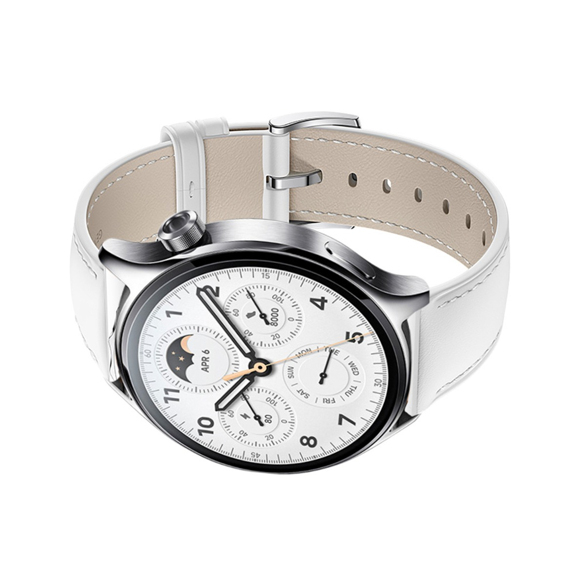 Smartwatch bianca con cinturino in pelle bianca e lunetta argentata su sfondo bianco.