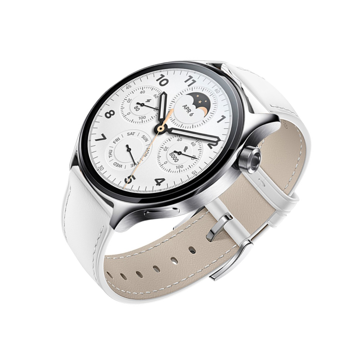 Uno smartwatch bianco con cornice argentata e cinturino in pelle beige. Il quadrante mostra ora, data e dati di attività.