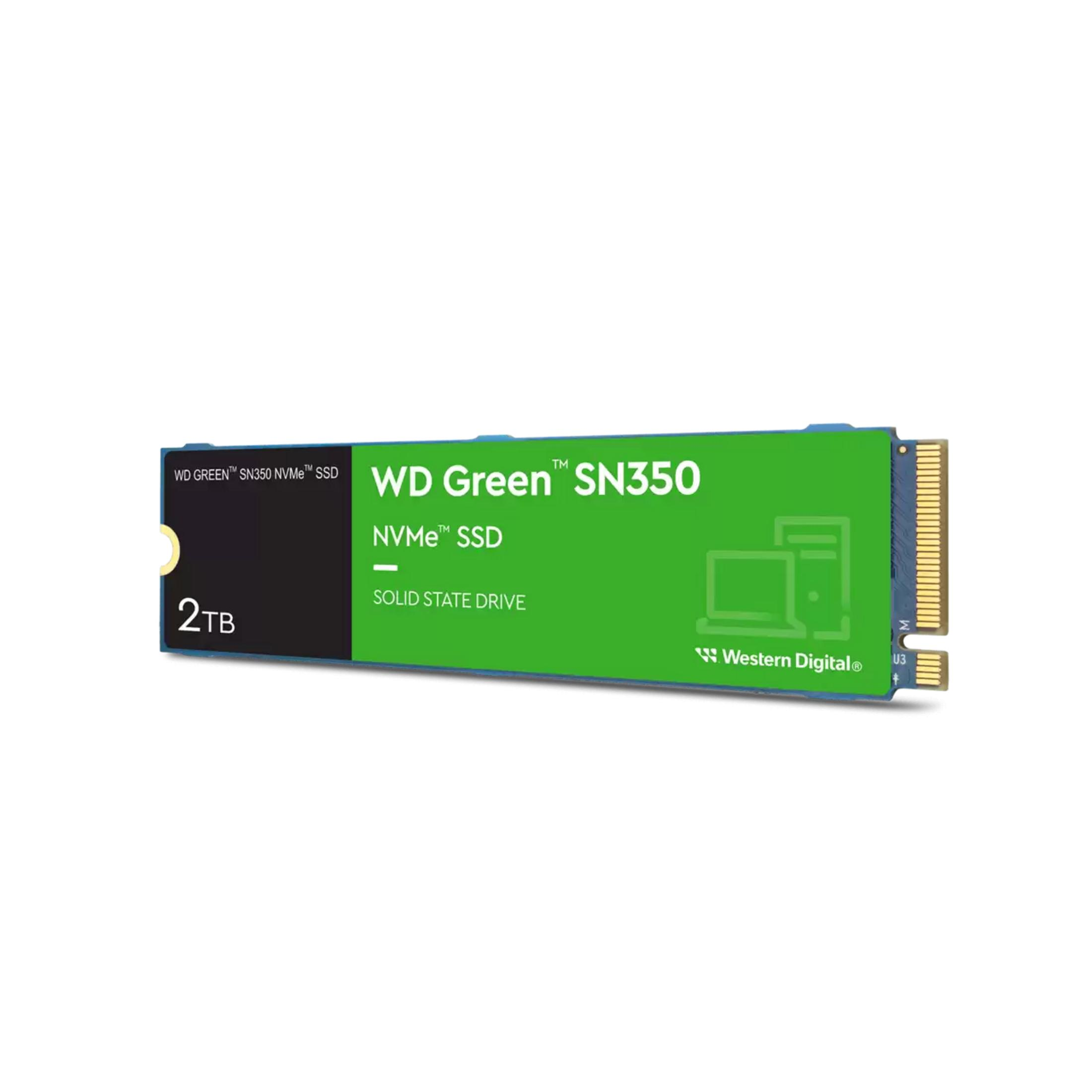 Zielony dysk SSD NVMe WD Green SN350 o pojemności 2 TB ze złotymi złączami.