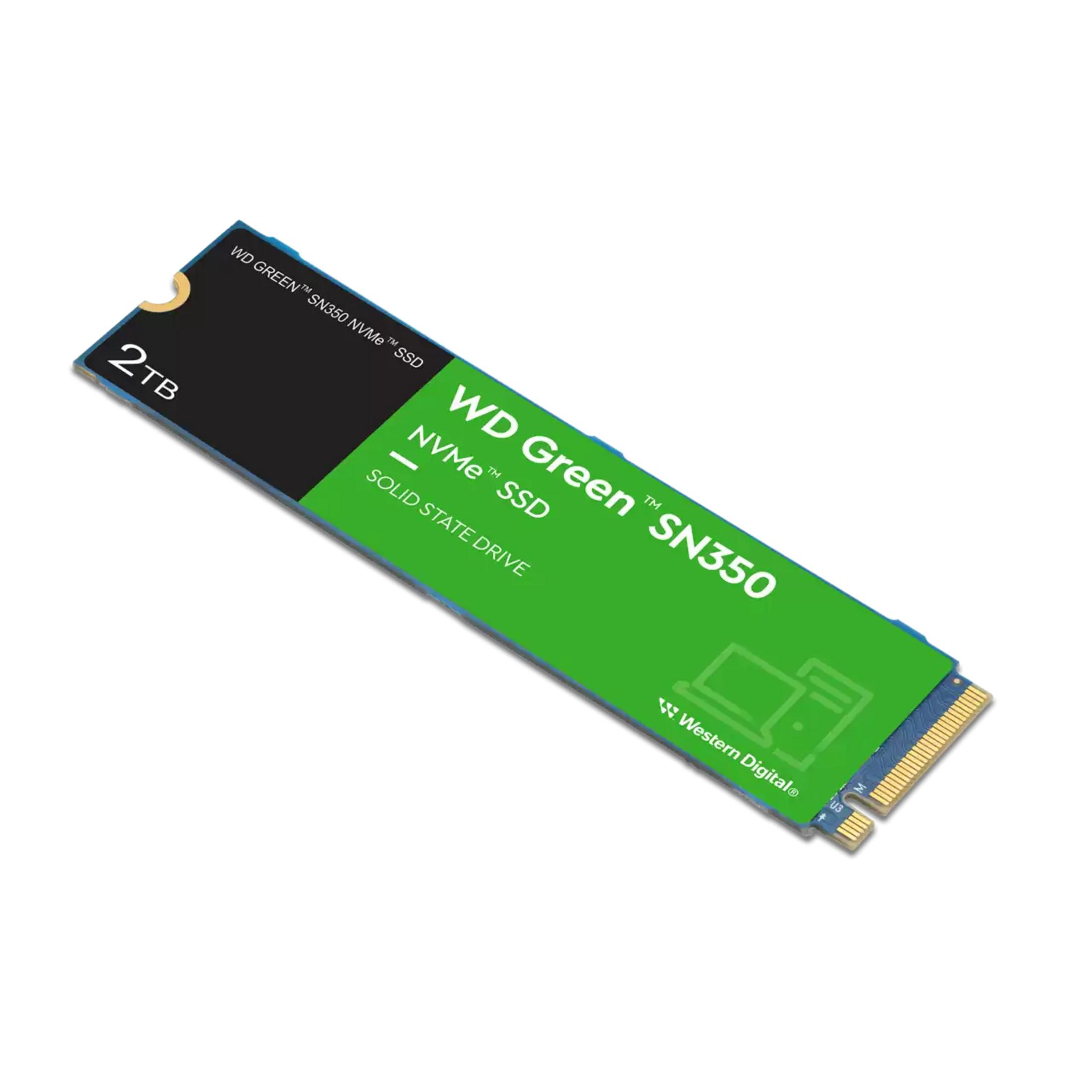 Zielony dysk SSD NVMe WD Green SN350 2TB ze złotymi stykami na białym tle.