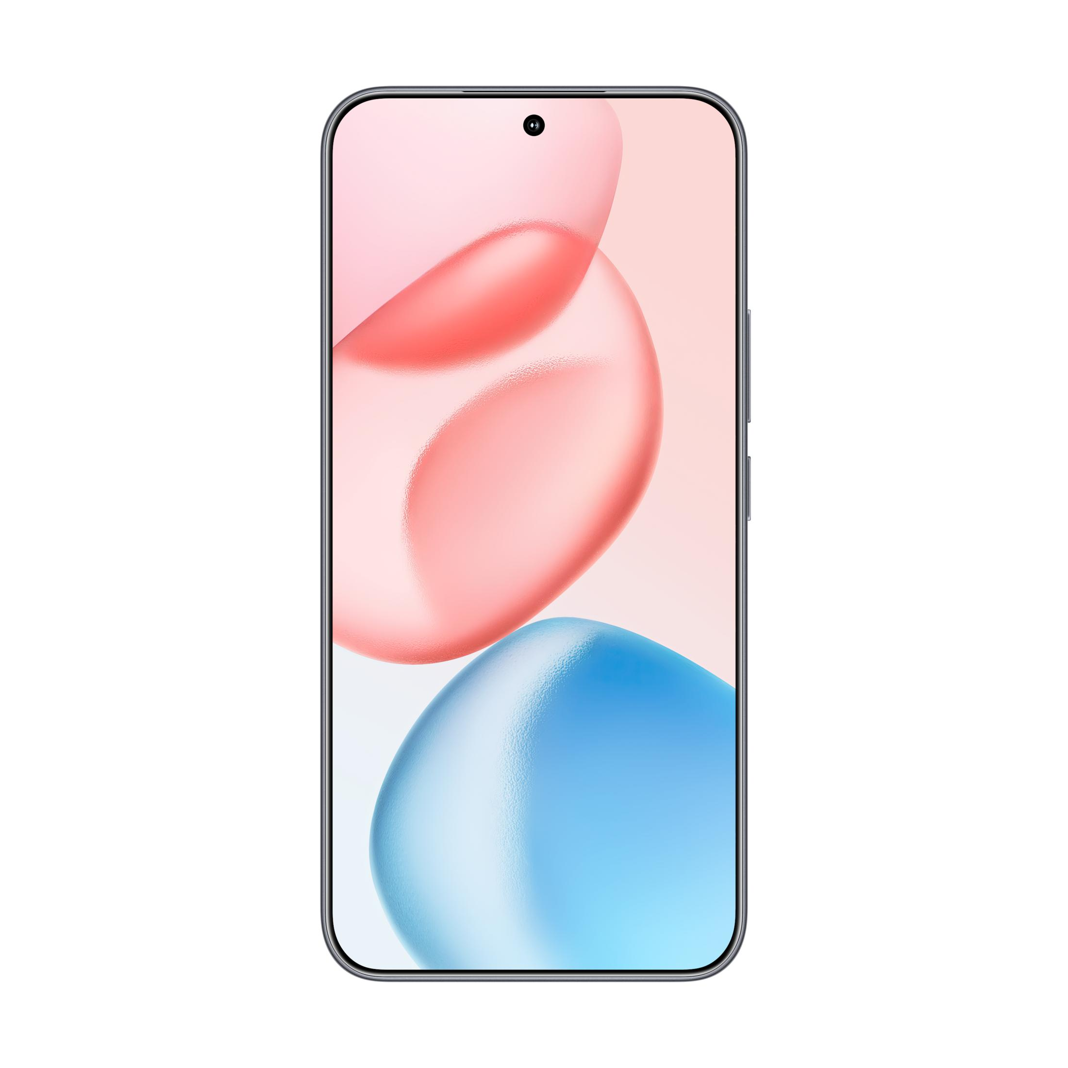 Ein Smartphone mit einem abstrakten Hintergrund aus rosa und blauen Blasen.