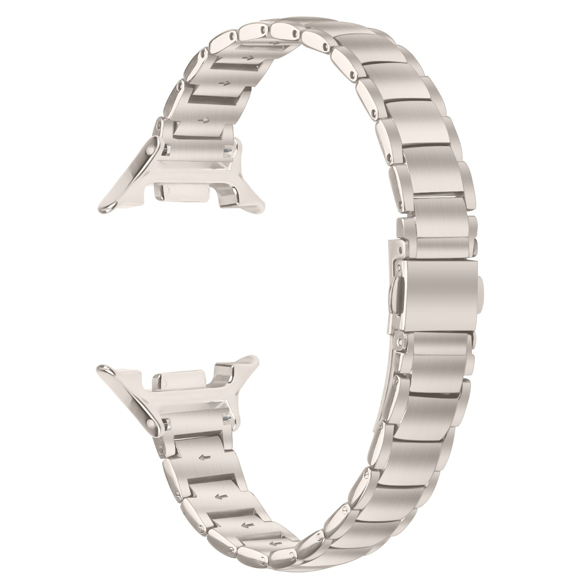Ein silbernes Metallarmband für eine Uhr.