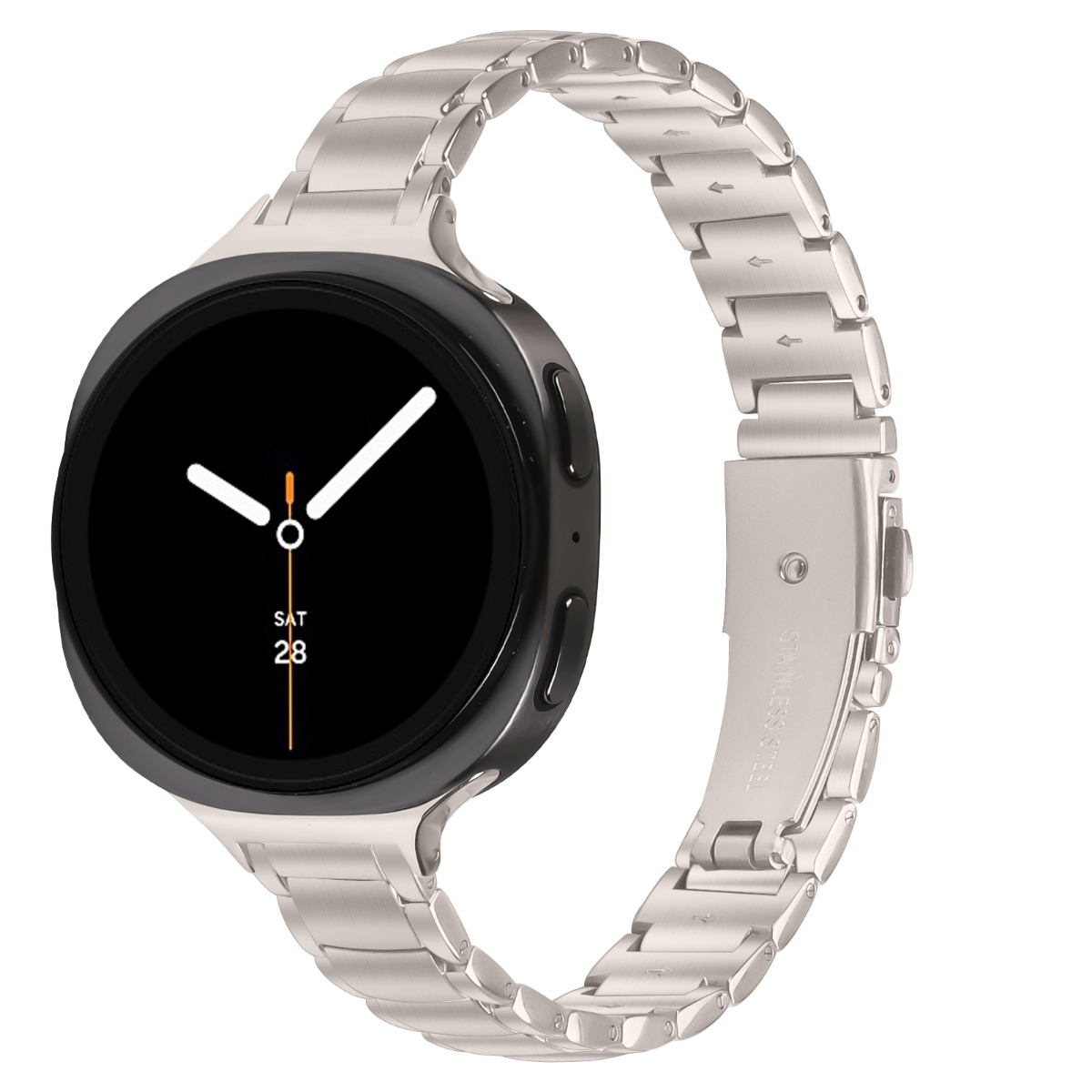 Silberne Smartwatch mit schwarzem Zifferblatt und Metallarmband.