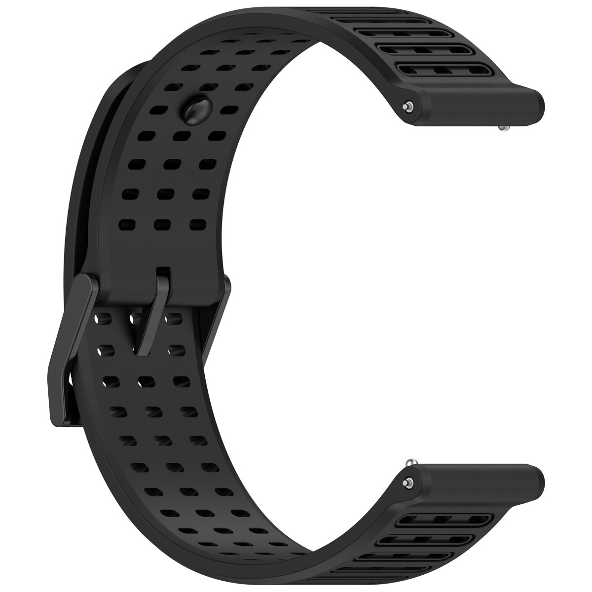 Cinturino per orologio in silicone nero con perforazioni e fibbia metallica.