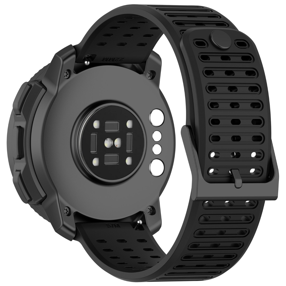 Vista posteriore di uno smartwatch nero con sensore di frequenza cardiaca e cinturino traforato.