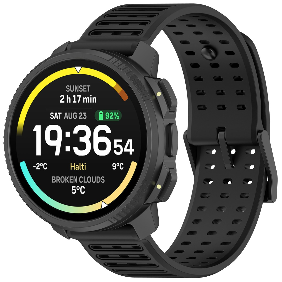 Smartwatch nero con display digitale che mostra ora, data, meteo e livello batteria.