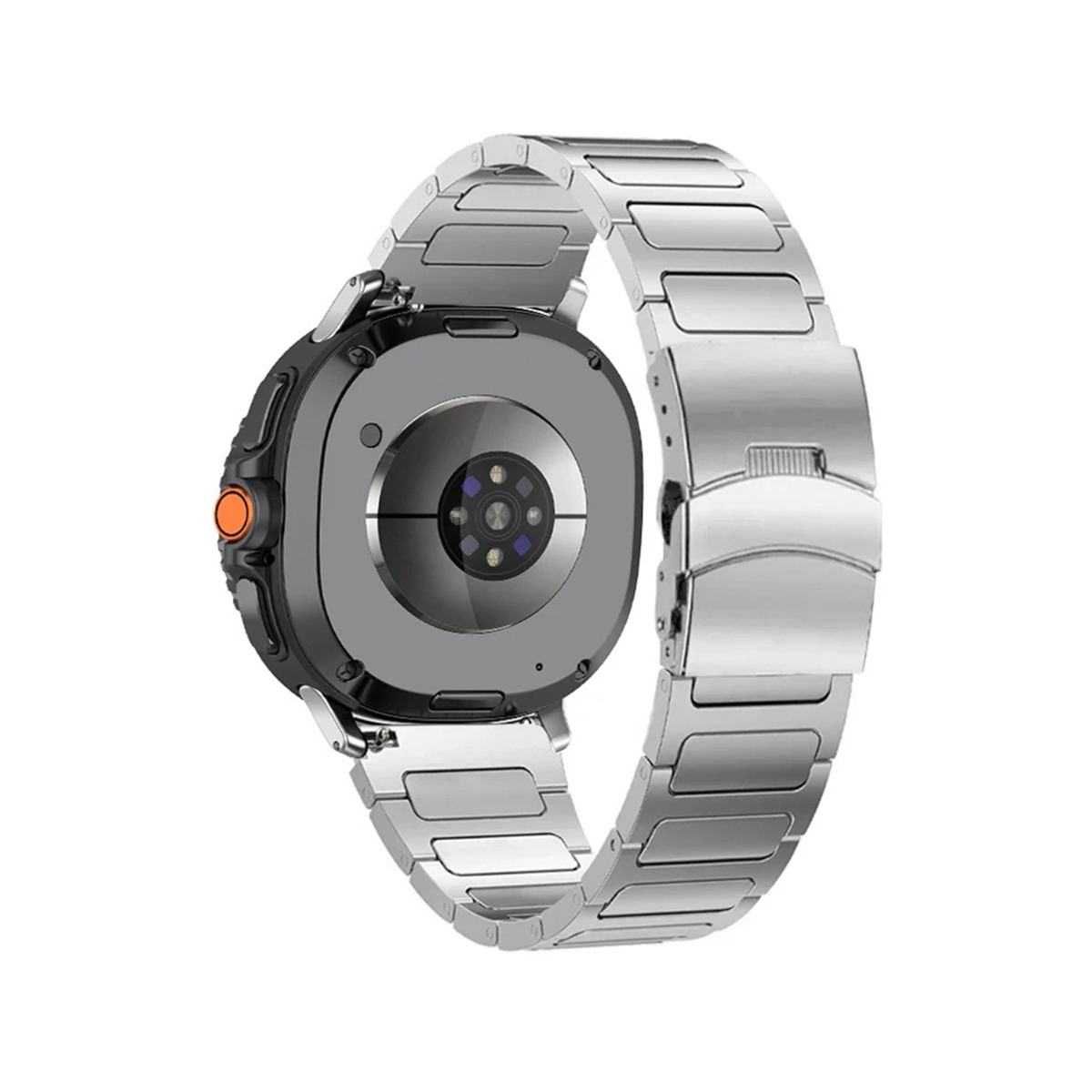 Rückseite einer Smartwatch mit Metallarmband und Herzfrequenzsensor.