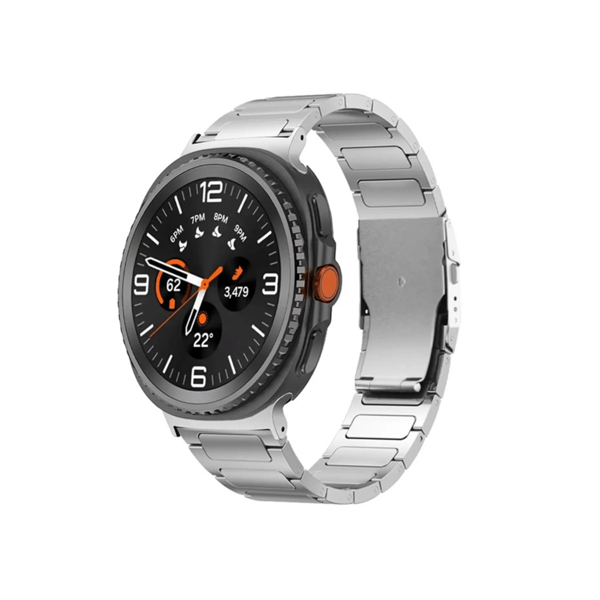 Eine Smartwatch mit silbernem Metallarmband und schwarzem Zifferblatt mit Zeit, Schritten und Temperatur.