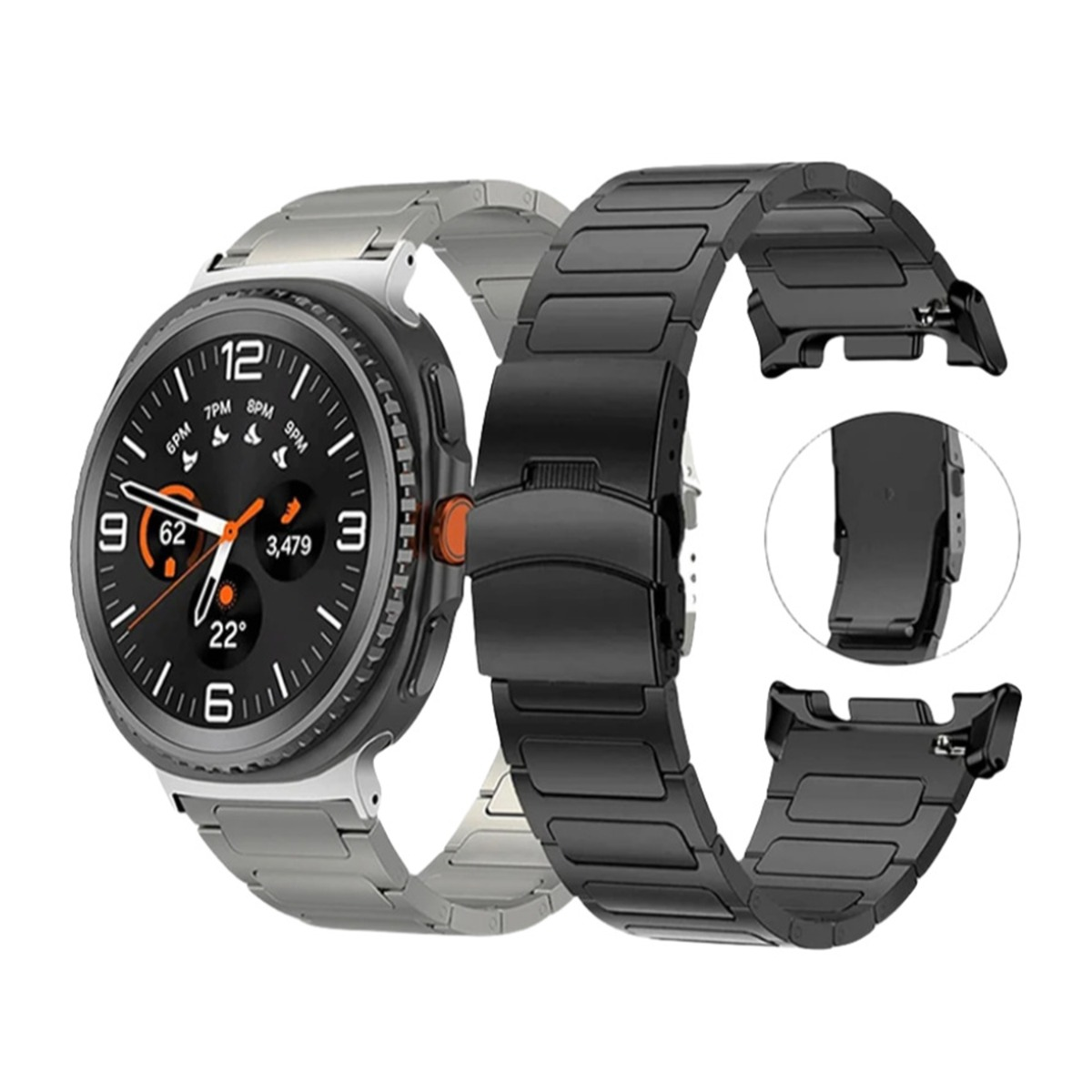 Eine silberne Smartwatch mit schwarzem Armband und separatem schwarzem Armband.