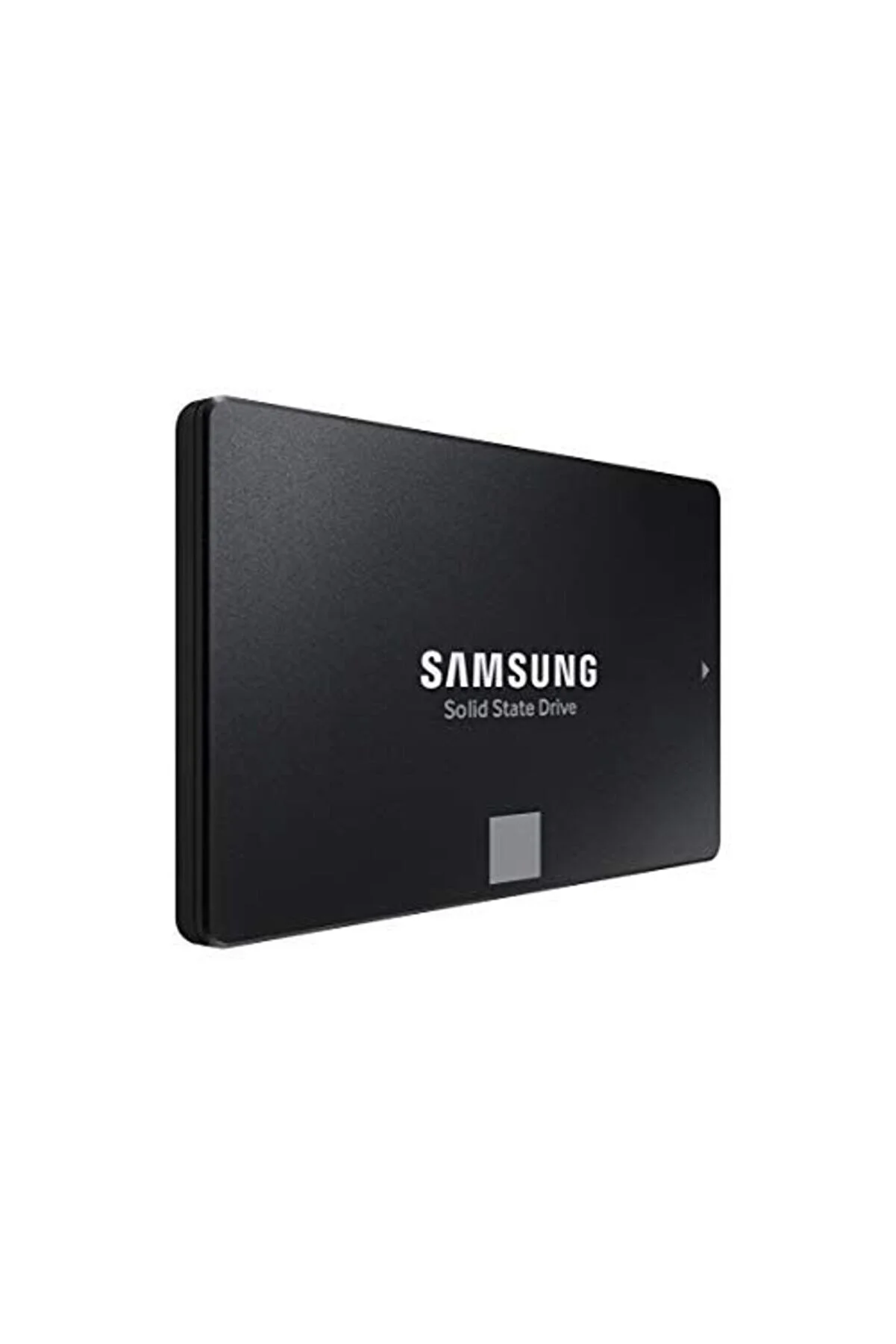 Disco de estado sólido Samsung negro con logo plateado y cuadrado.