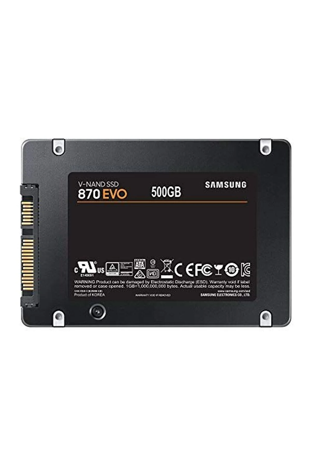SSD Samsung 870 EVO 500GB negra con conector SATA y sellos.