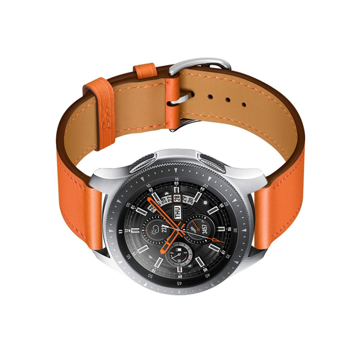 Eine silberne Smartwatch mit orangefarbenem Lederarmband und schwarzem Zifferblatt.